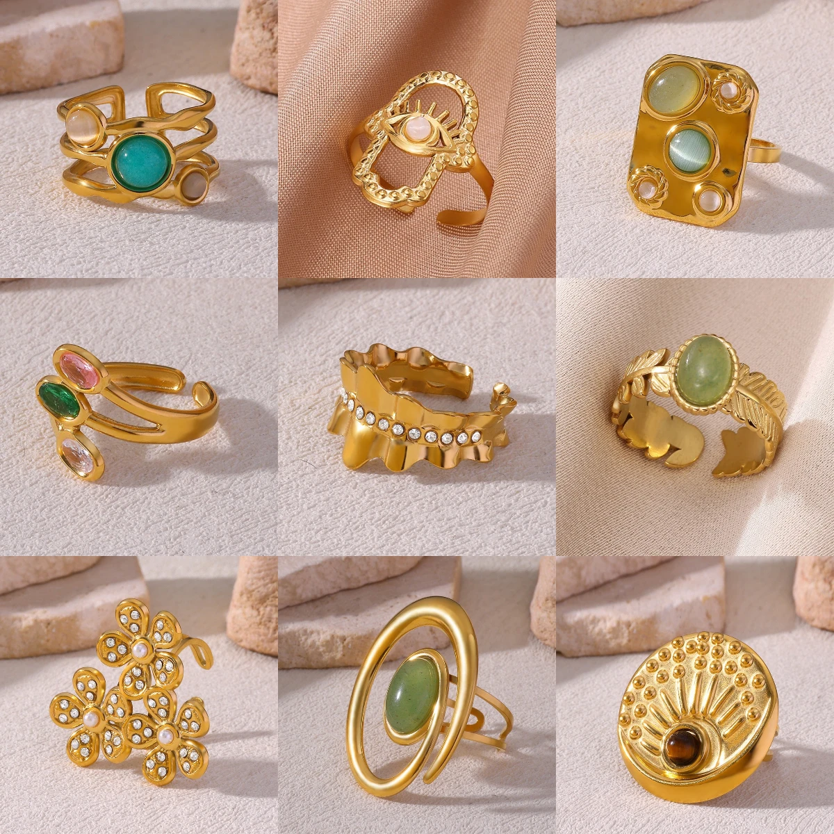 

Vintage Green Stone Open Stainless Steel Rings For Women Fashion Gold Color Flower Zircon Ring Jewelry Aesthetic Anillos Gift