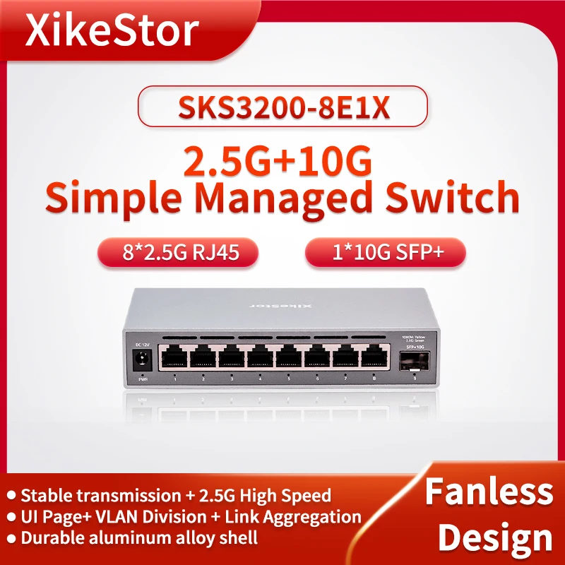 XikeStor Easy managed 8-port 2.5G + 1-port 10G switch, support VLAN link aggregation, fanless design network hub and splitter