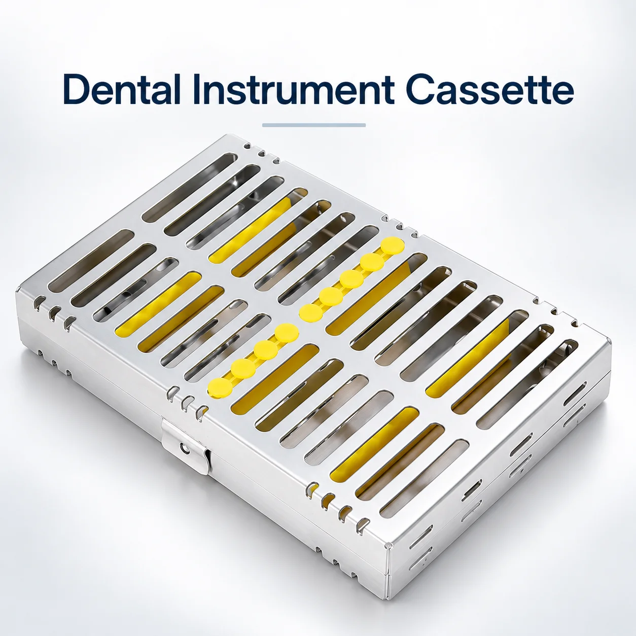 Dental Sterilization Cassette Stainless Steel Autoclavable Instrument Rack Tray with Yellow Silicone Stoppers Reusable Tools