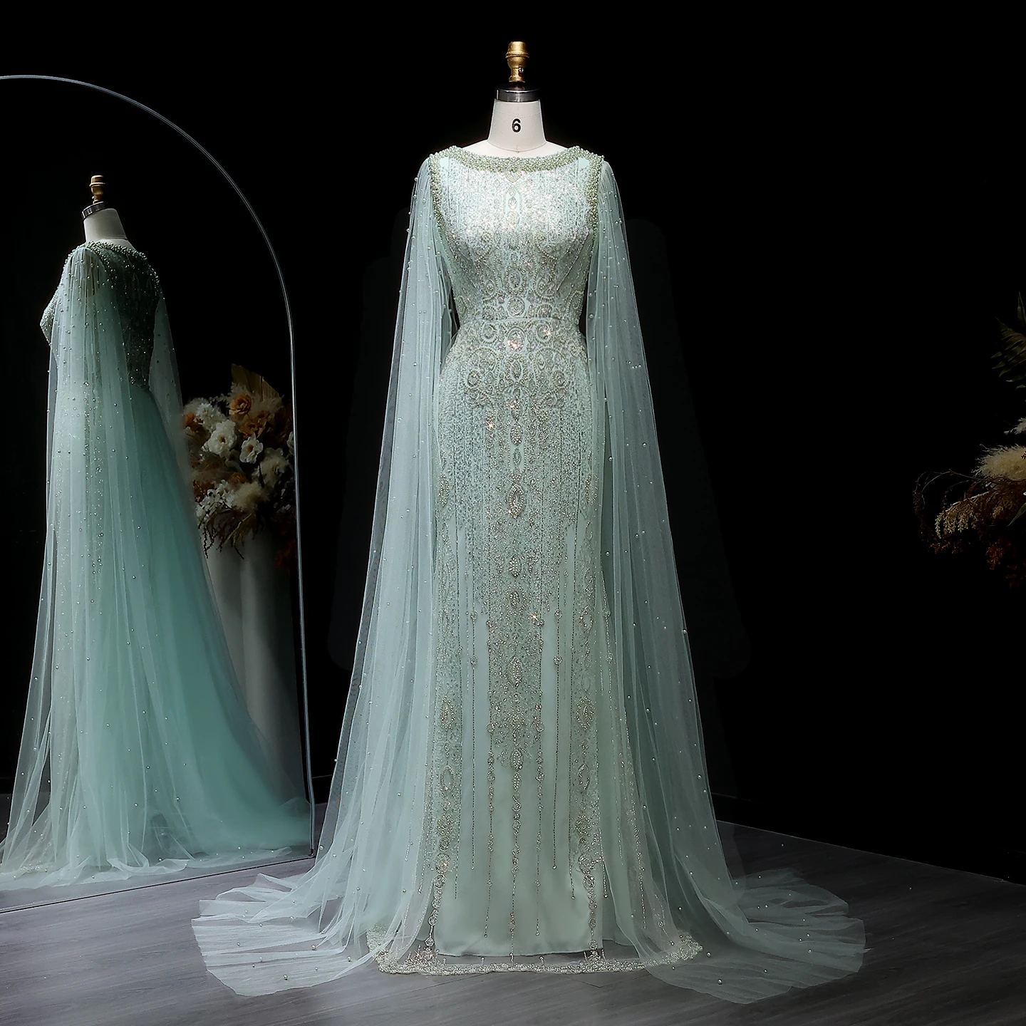 Sharon Said Luxuriöses Champagner-Abendkleid mit Cape-Ärmeln, Pailletten und Perlen, für formelle Anlässe und Partys, SS668, maßgeschneidert – Detail 19
