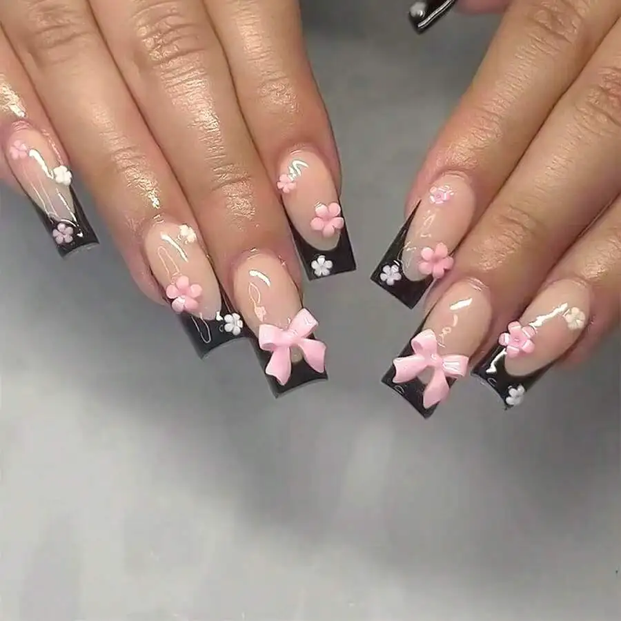

Medium-Length Almond-Shaped 3D Epoxy Resin Lemon Flowers, Blue Plaid Bow Decoration, Full Coverage Press-Type False Nail Tips - Perfect For Ladies And Girls For Parties, Dates, And Vacations.