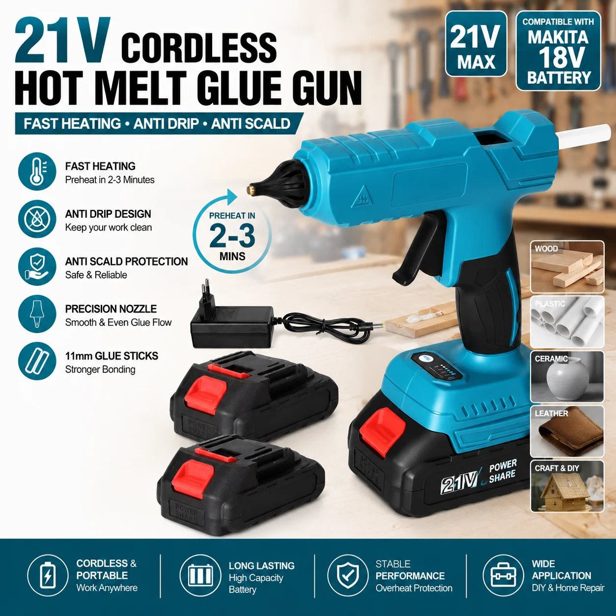 21 V-os akkus ragasztópisztoly, gyors melegítésű elektromos ragasztópisztoly, kompatibilis a Makita 18 V-os akkumulátorával, 11 mm-es ragasztórudak, csöpögésgátló, forrázásgátló, precíziós fúvóka, barkácsolás, kézműves otthoni javítás, fa, műanyag, kerámia, bőr, hobbi eszköz