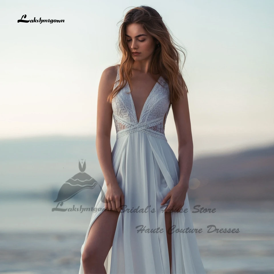 Lakshmigown Sexy Braut Boho Hochzeitskleid Strand Sommer 2026 Maßgeschneiderte Chiffon Lange Strand-Brautkleider V-Ausschnitt Spitze Rückenfrei – Detail 3