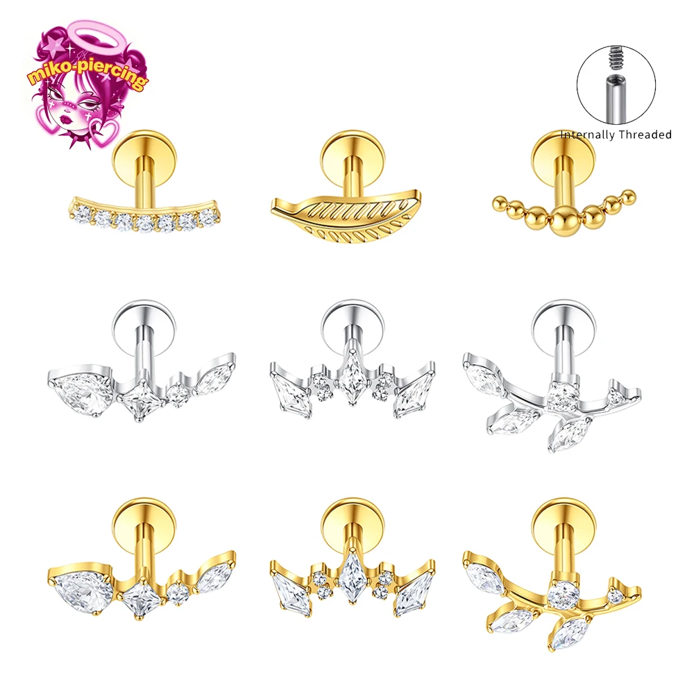 ASTM F136 Titanium PVD Gold Plating CZ Cluster Labret Curved Bar Flat Back Stud Earring Helix Cartilage Conch Piercing Jewelry