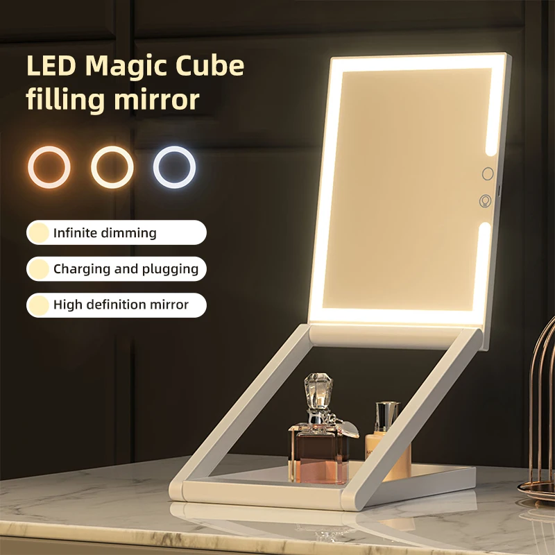 

Portable folding LED makeup mirror with light adjustable height desktop storage makeup mirror home dressing mirror
