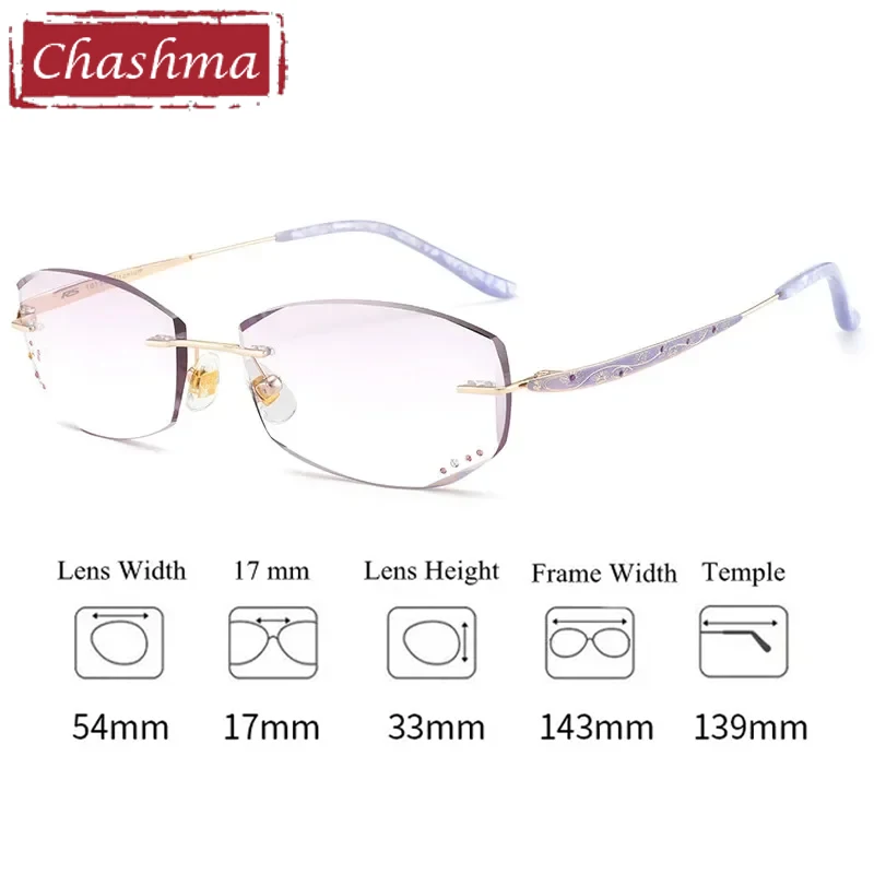 Chashma Prescription Glasses Women Rimless Eyeglasses Frames Luxury Engraved Tint Crystal Titanium Spectacles Customize Lenses