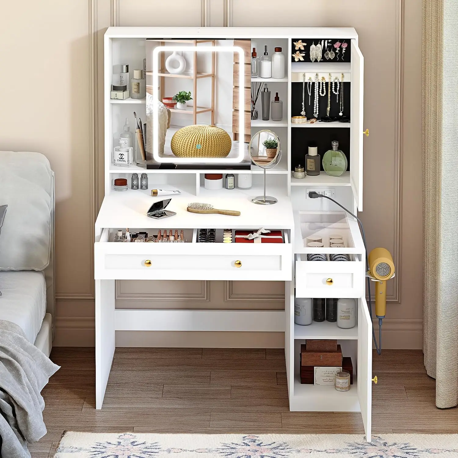 Glass Top Farmhouse Vanity Desk with Mirror and Lights, Sliding LED Mirror Makeup Vanity with 3 Golden Handles Drawers and 12 Co