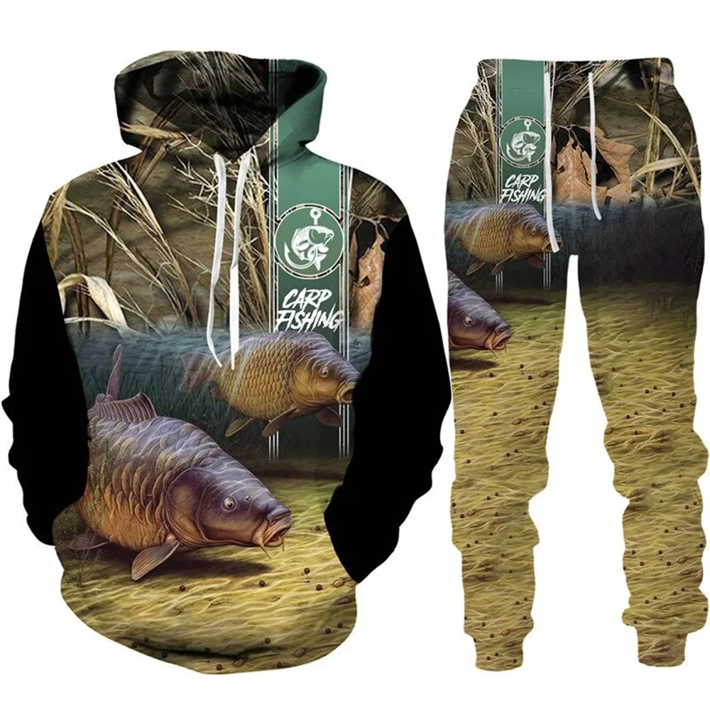 Novelty 3D Fish Printed Men Women Hoodie And Pants 2pcs Sets Camo Fishing Hunting Camping Clothes Fashion Outdoor Sportswear Set