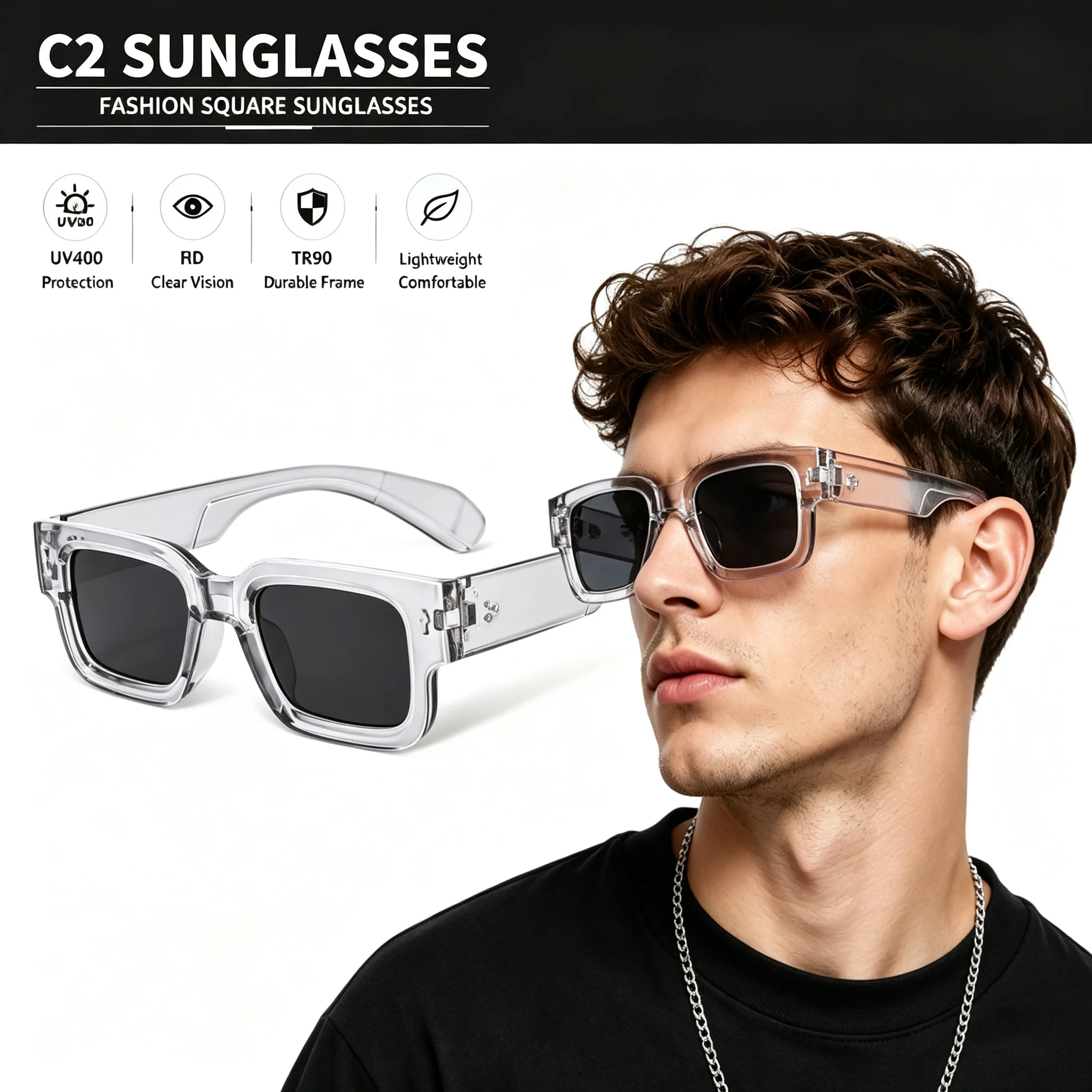 Y2K Thick Square Sunglasses Women Men Clear Frame Black Lens Punk Rectangle Sun Glasses Hip Hop Streetwear UV400 Eyewear