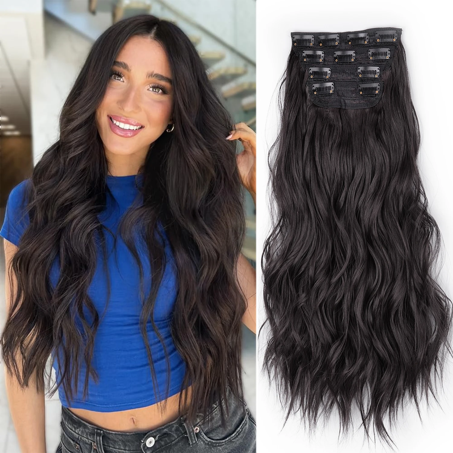 Clip In Hair Extensions 4 PCS Full Head 20 Inch Long Curly Wavy Synthetic Hair Pieces Natural Wavy For Women Girls Hair linwan