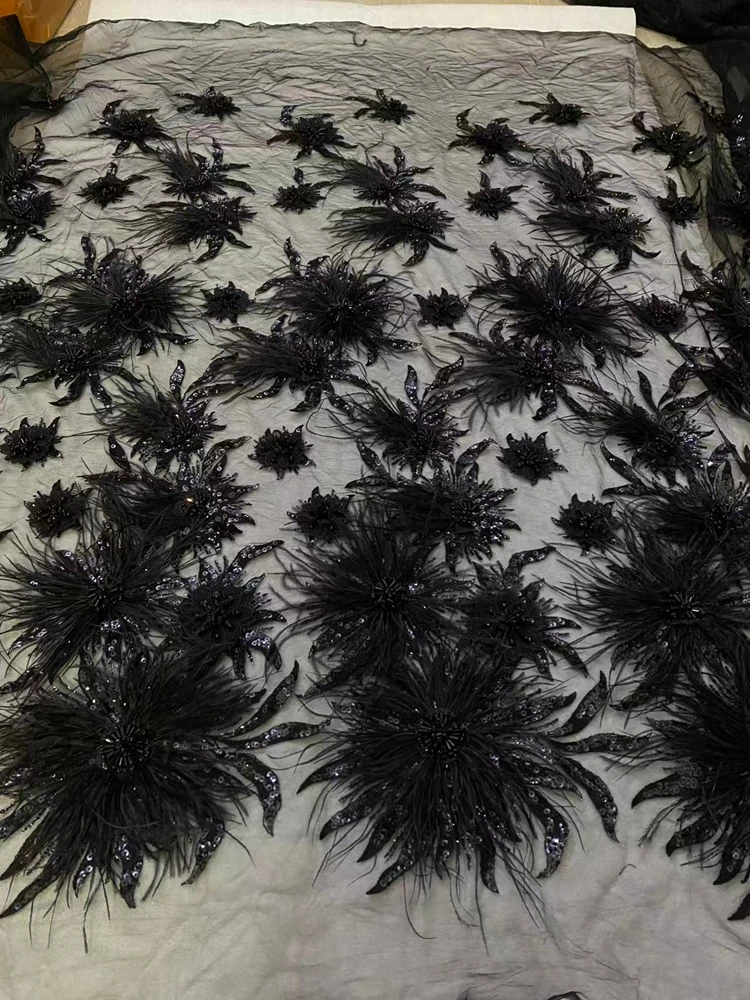 HelluyerDC Black 3D flowers feather beautiful lace fabric,black feathers lace for fashion,wedding,evening,dance gown by the yard