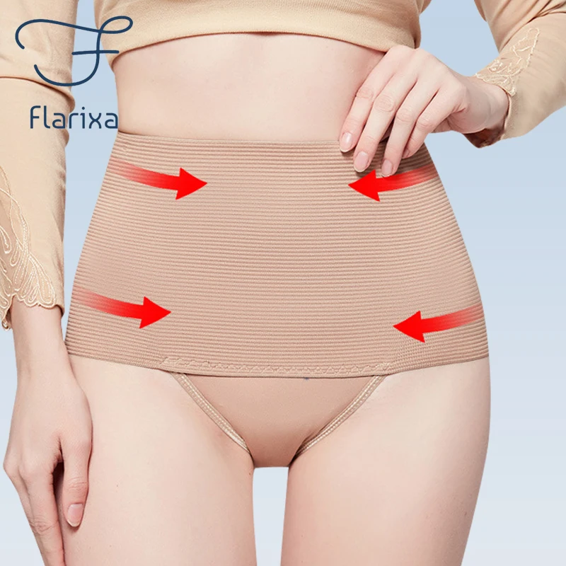 Flarixa High Waist Tummy Control Panties Women Belly Shaper Pants Butt Lifter Thongs Striped Briefs Plus Size Slimming Underwear