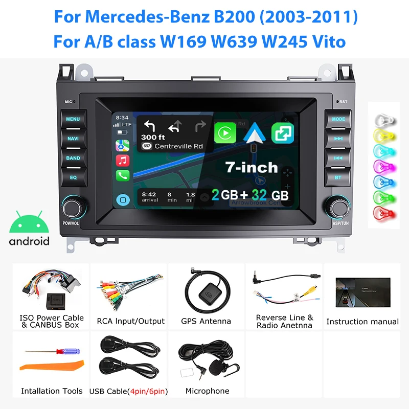 ESSGOO 7'' Android15 2+64G 2+32G 6+128G voor A-klasse B-klasse W169 W639 W245 Vito autoradio draadloze CarPlay Android Auto GPS navigatie RDS FM WiFi Bluetooth Mirror link touchscreen