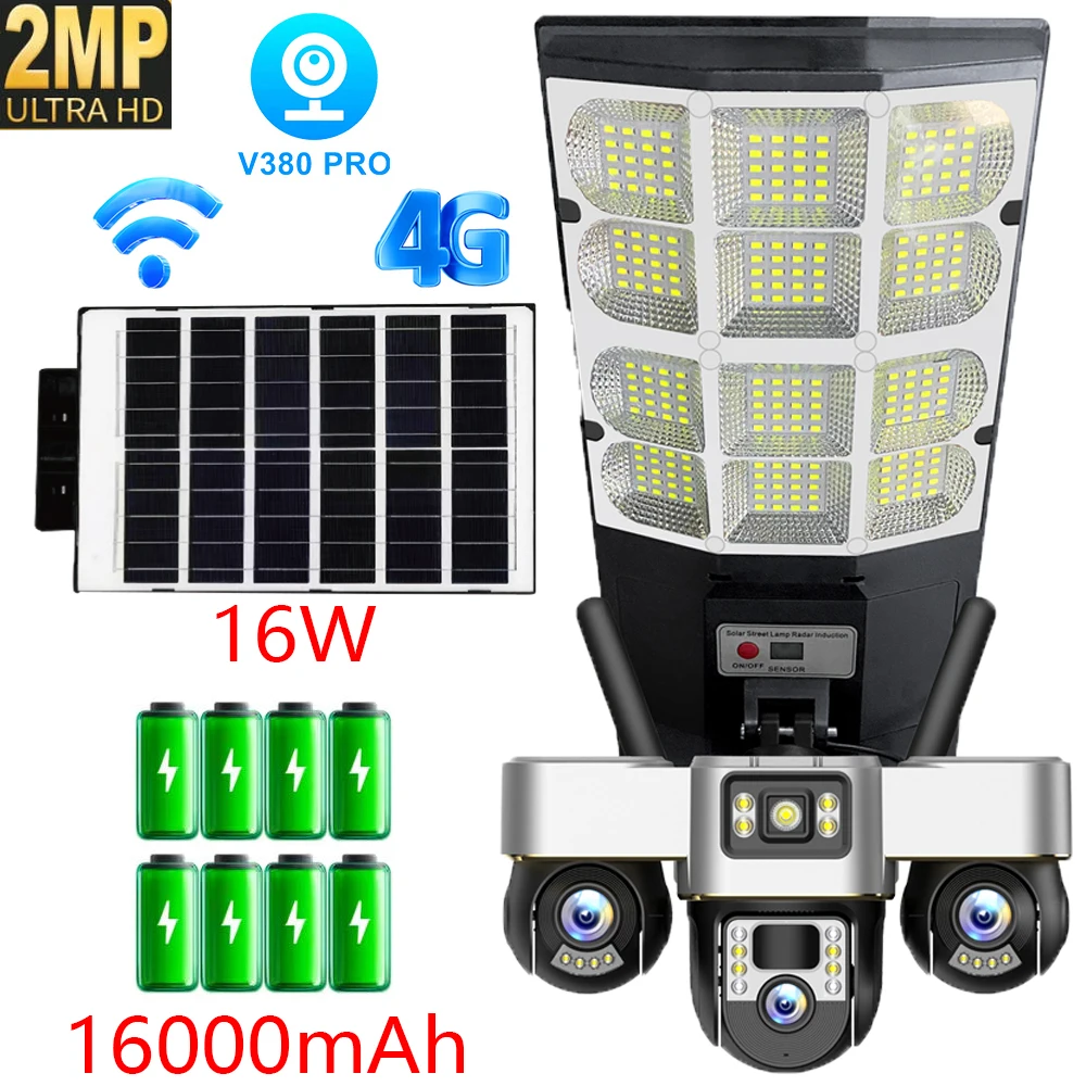Leshine 2MP HD 3 Lens 4G Camera Security Wifi Outdoor Wireless Home Surveillance Camera Solar Panel LED Streetlight PTZ Rotation