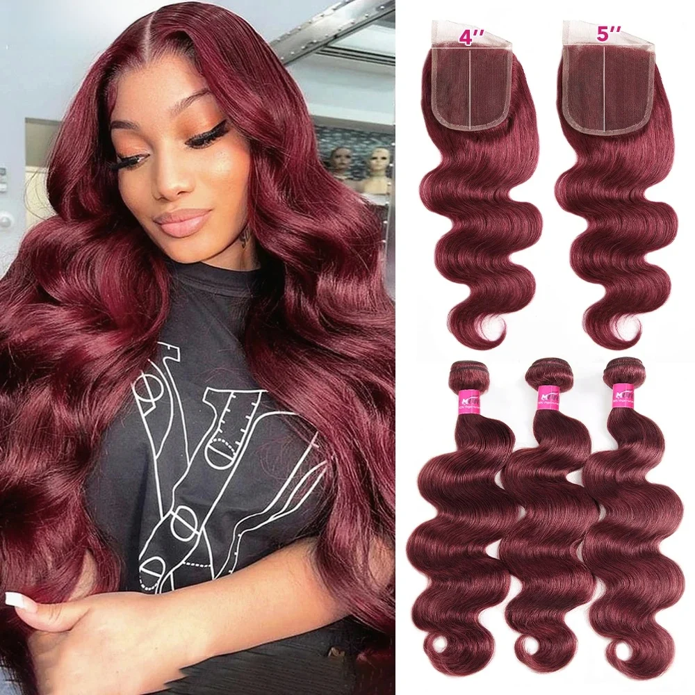 5x5 Closure met Bundels 99J Bordeaux Body Wave Bundels met Closure Donkerrood Gekleurd Haar Bundels met Closure Vrije Scheiding - afbeelding 2