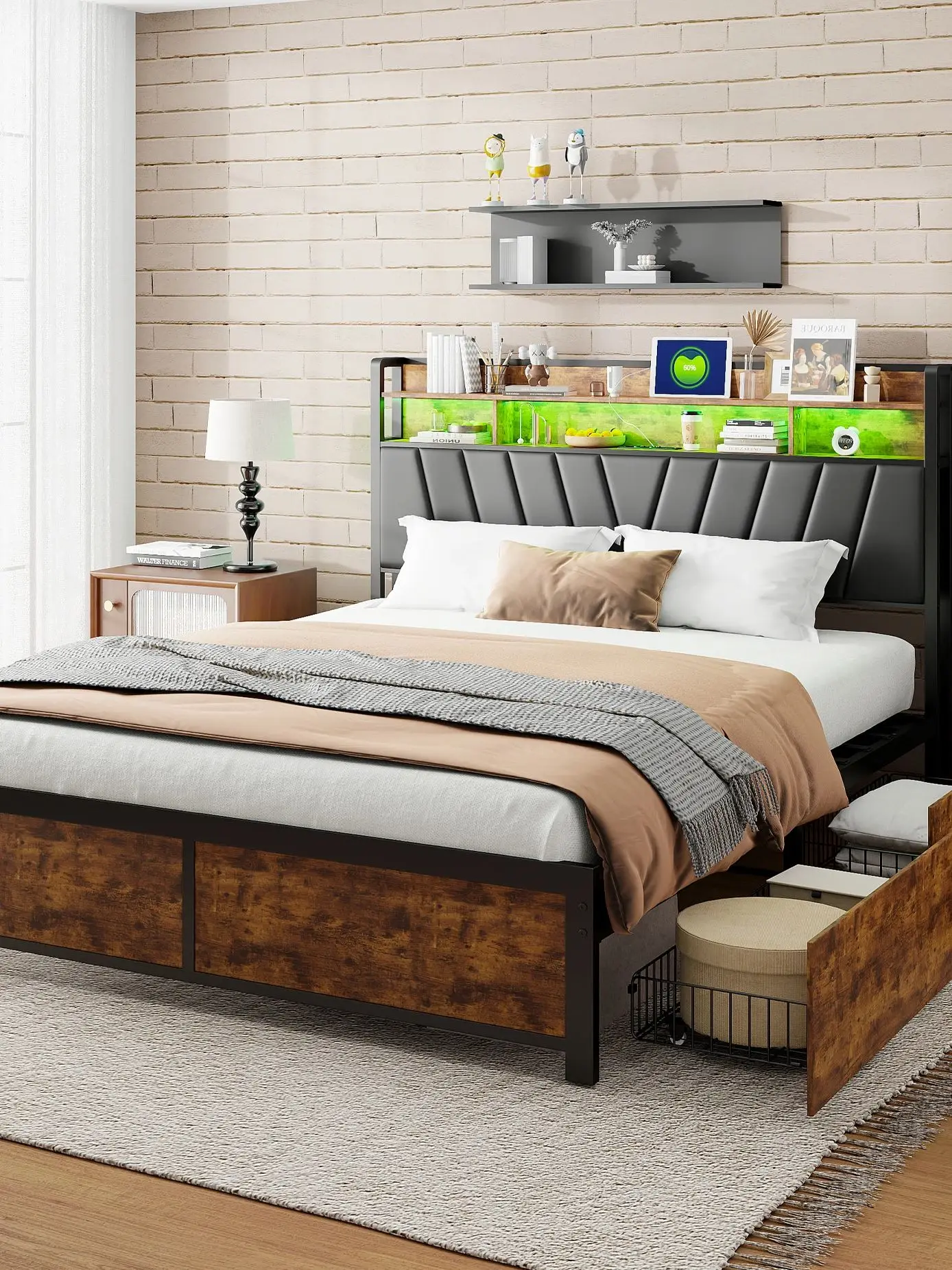Rosahqnda Doppelbettgestell 140–160–180 x 200 cm, Bett mit Stauraum, LED, USB und 4 Schubladen, Teenagerbett, Gästebett, Apartment-Eisenbett, Schwarz