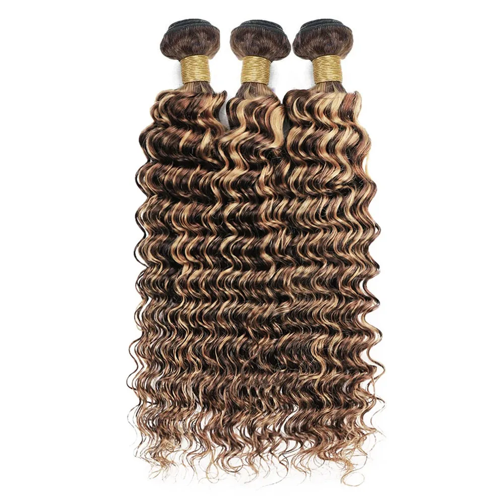 30 Inch Highlight Deep Wave Bundles with Closure Brown Human Hair Bundles with Closure Ombre Honey Blonde Bundles with Closure