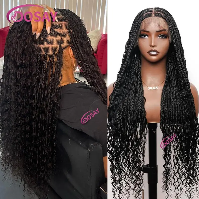Perucas trançadas sem nós sintéticas para mulheres negras, renda cheia, caixa frontal, boho, onda de água, tranças perucas
