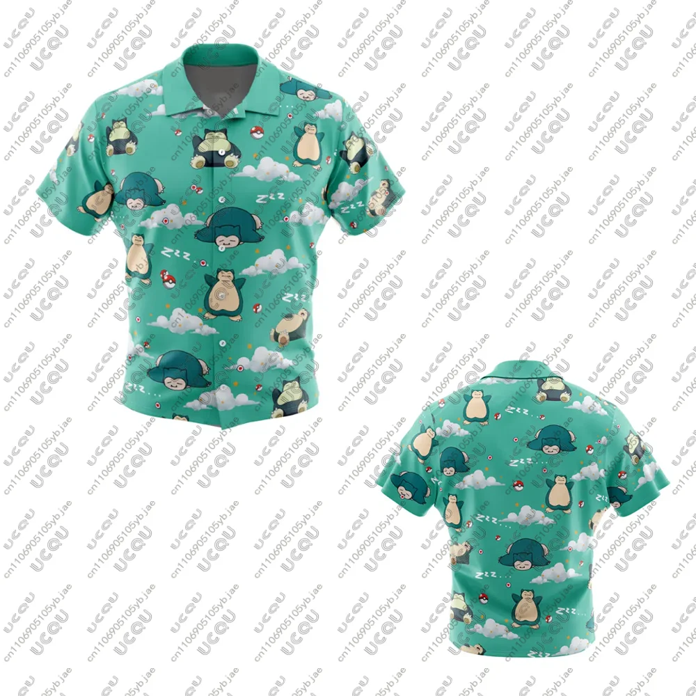 Summer Men Boys Chibi Eevelutions Tee Anime Snorlax Casual Vacation Outfits Gift Pokemon Top Sportswear Button Up Hawaiian Shirt