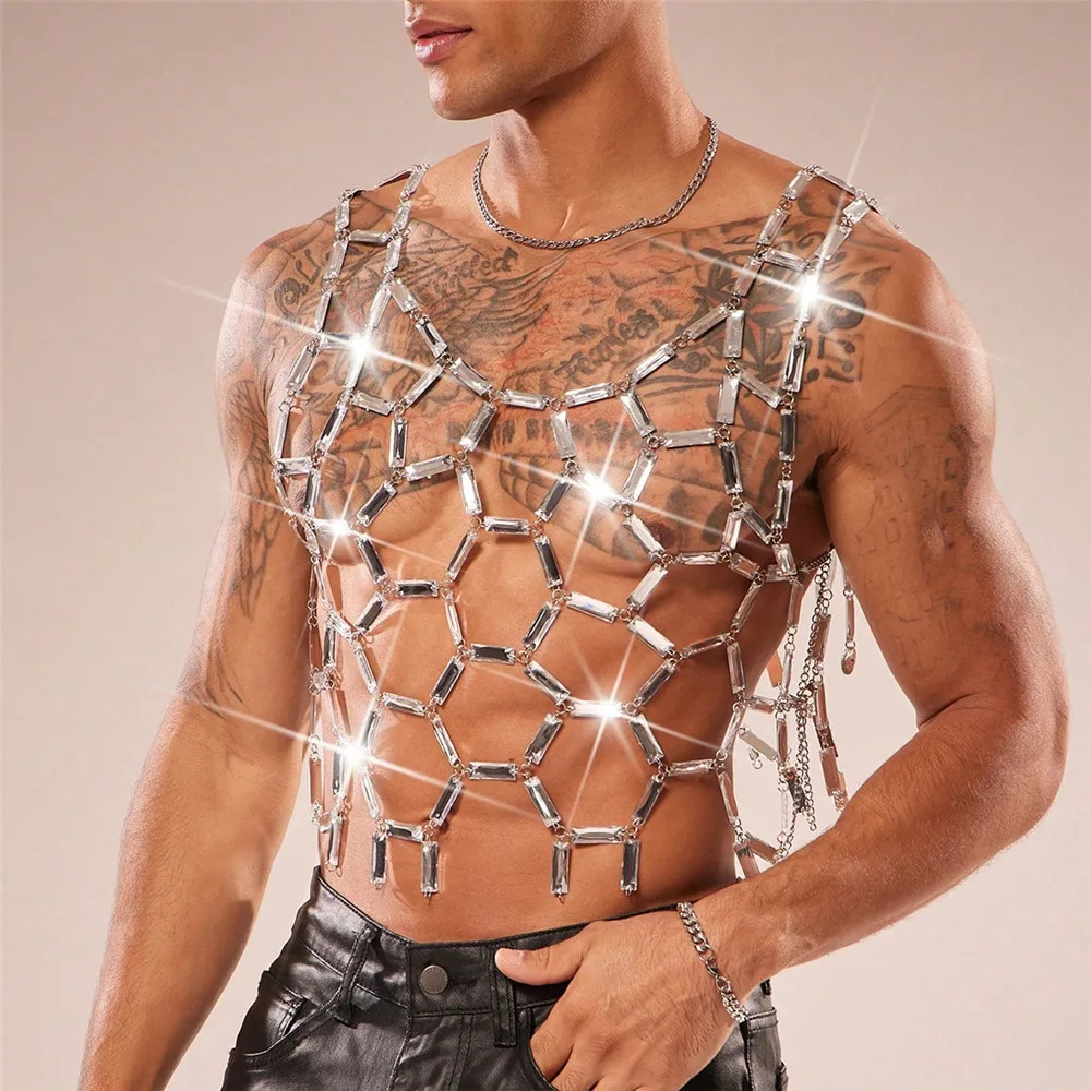 2026 New European And American Style Men's Sequin Hollow Vest With Heavy Metal Splice Design Acrylic Top