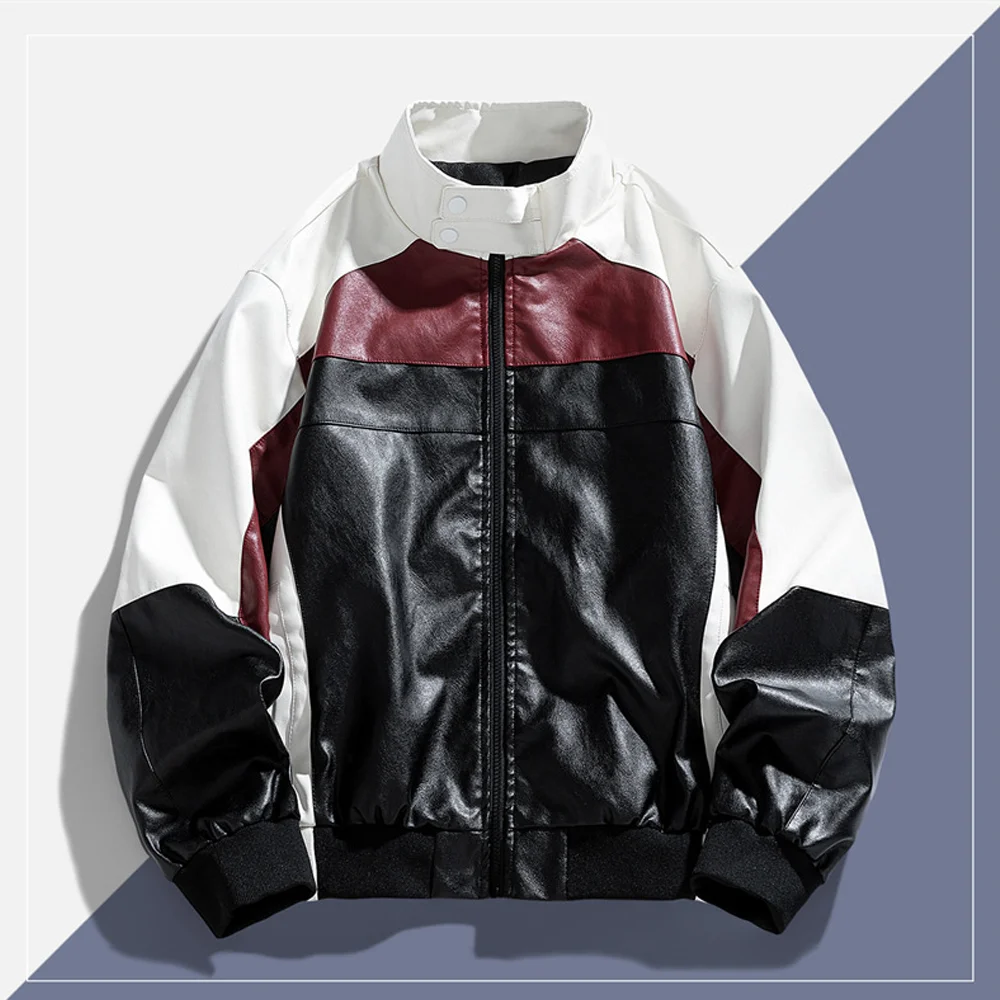 

Men's Faux Leather Moto Jacket Color Block Zip Up Stand Collar Casual Streetwear Motorcycle Coat 2026 New