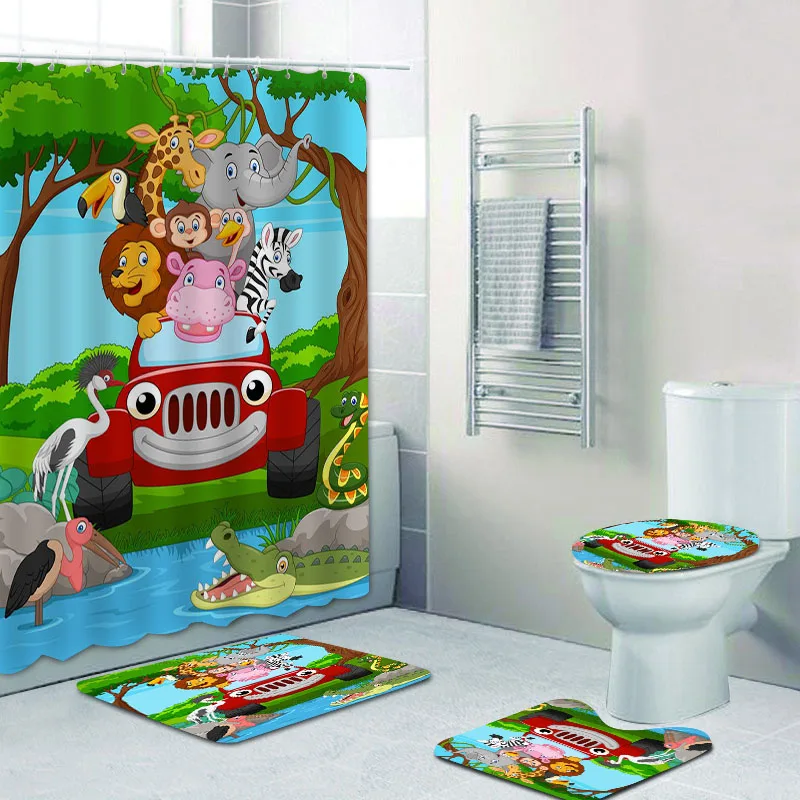 Cute Cartoon Wild Animal Riding Red Car Shower Curtain Set Kids Tropical Safari in Jungle Hippo Crocodile Bathroom Mat Rug Decor