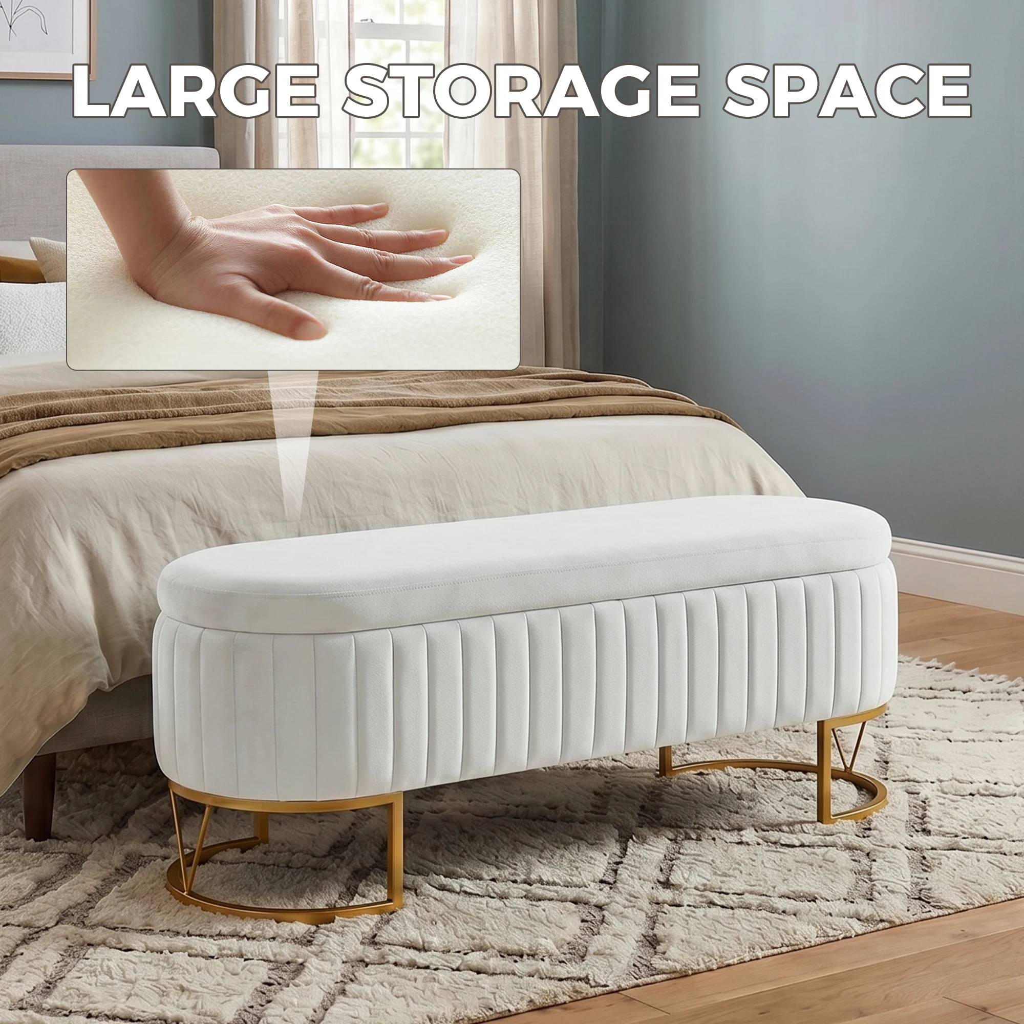 Velvet Storage Bench with Gold Metal Legs Modern End of Bed Bench Upholstered Ottoman for Bedroom Entryway Window Seat
