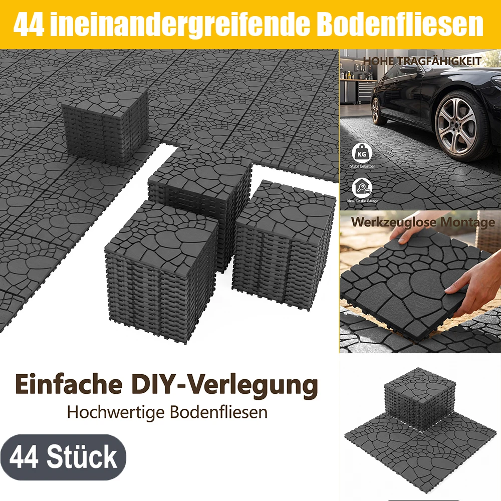 44 stuks plastic in elkaar grijpende vloertegels 30,5×30,5cm voor 4 personen ㎡ Afdekking met afvoersysteem, belastbaar, makkelijk te onderhouden, snijdbare doe-het-zelfvloer voor paden, patio's en