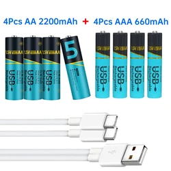 4Pcs AA 2200mWh and 4Pcs 1.5v AAA Lithium USB Rechargeable Batteries 660mWh for Remote Control Toys Keyboards & Wireless Mice