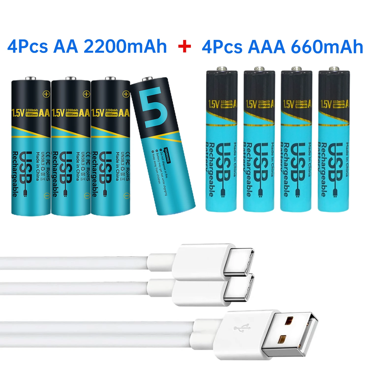 4Pcs AA 2200mWh and 4Pcs 1.5v AAA Lithium USB Rechargeable Batteries 660mWh for Remote Control Toys Keyboards & Wireless Mice