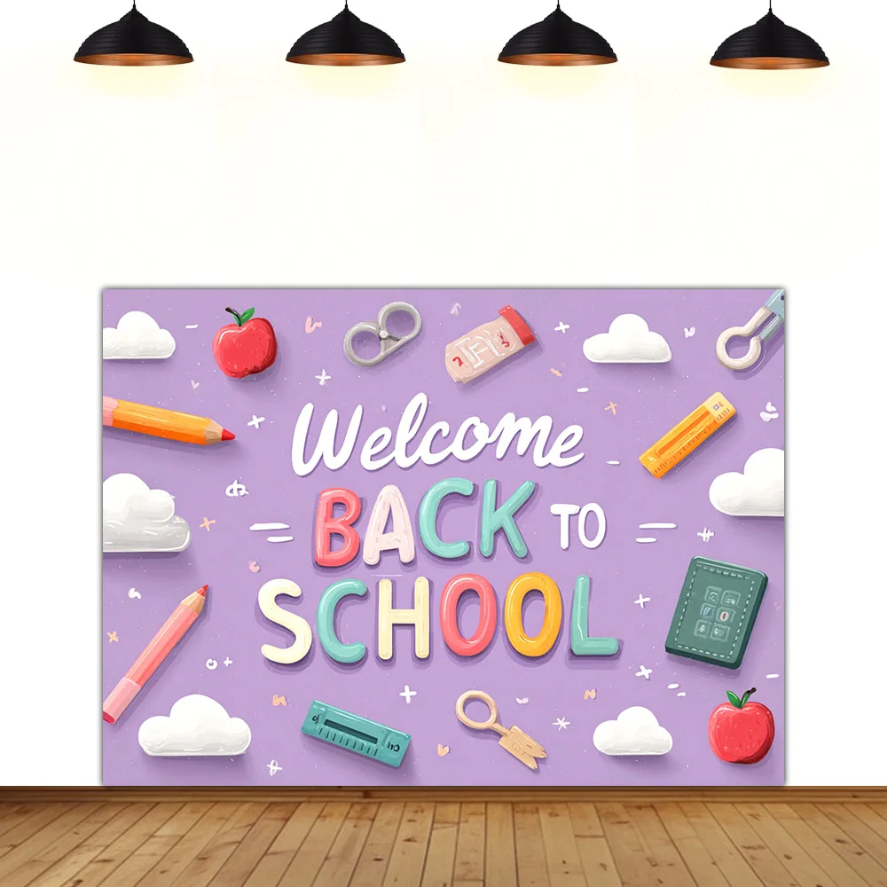

Back to school background student rainbow Boys and girls children primary school stationery decoration Photography backdrop