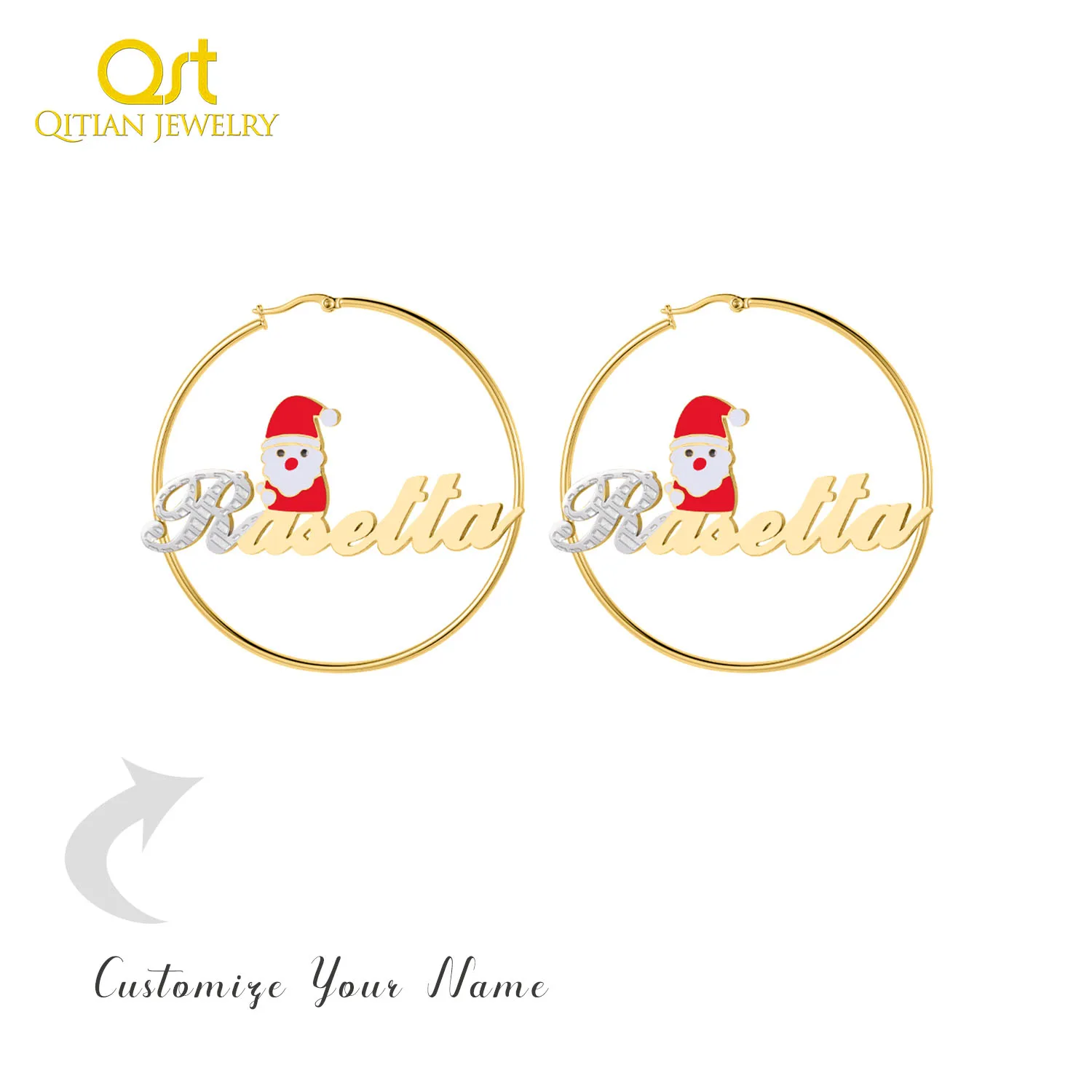 Custom Christmas Gift Hoop Name Earrings With Santa Claus Two Tone Jewelry For Women Personalized Name Earrings For Her Gift