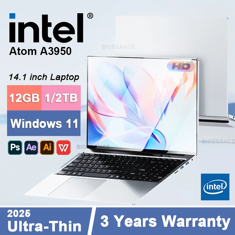 2025 ordinateur portable professionnel Ultra-mince windows 11 Intel Atom A3950 12GB RAM 1 to 2 to SSD 14.1 pouces ordinateur portable PC