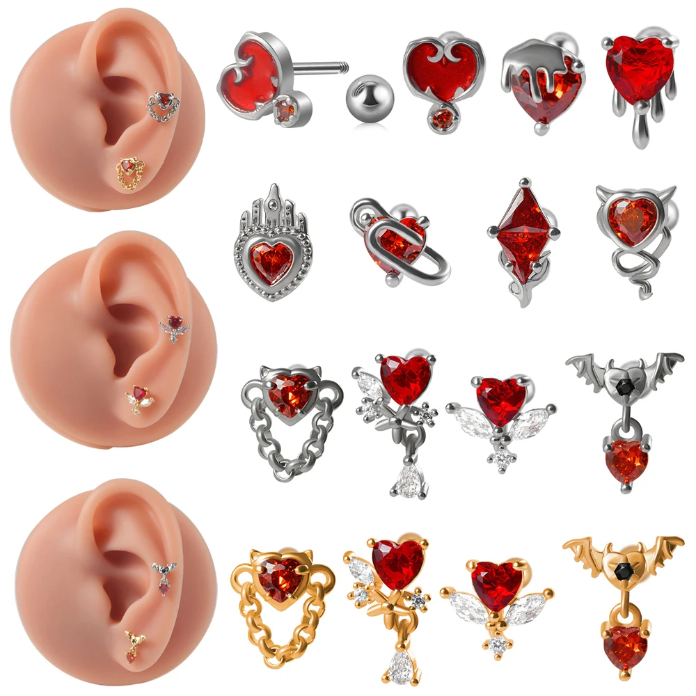 1PC Surgical Steel Red Zircon Ear Studs Heart-Shaped Bat Evil Tragus Cartilage Screw Ball Earrings For Women Piercing Jewelry