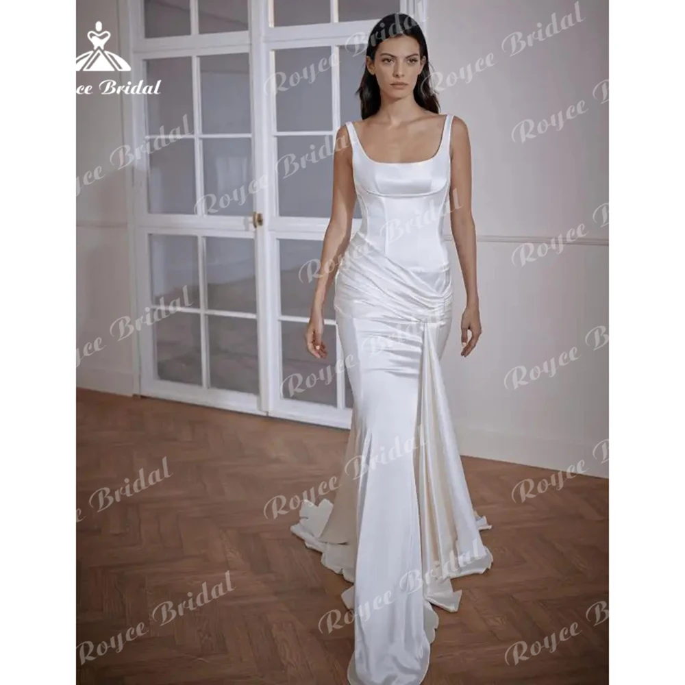 Elegant Square Collar Spaghetti Straps Simple Pleat Satin Mermaid Wedding Dress For Women 2025 Boho Bridal Gown vestido de novia