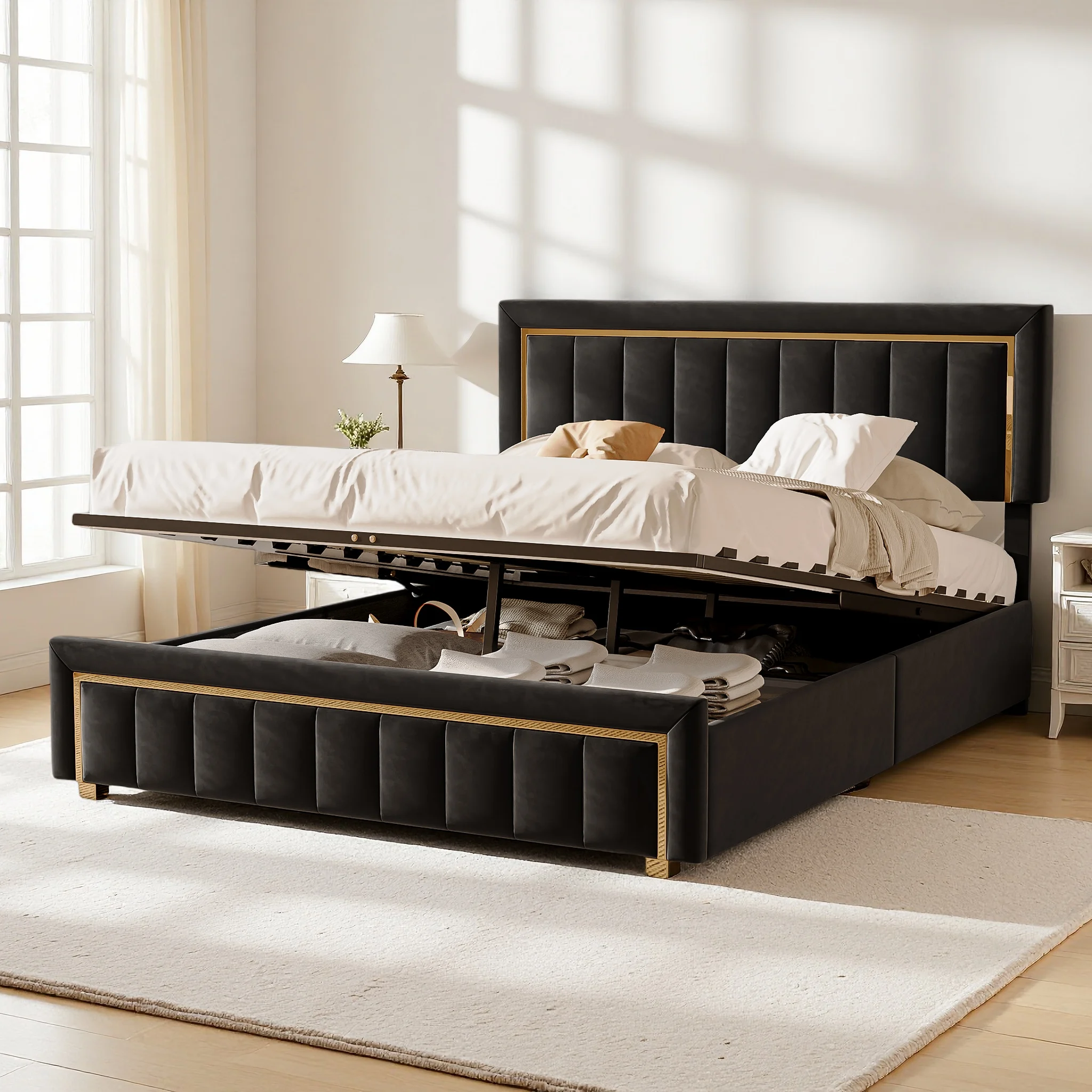 Lit Double Rembourré 140X200, Lit 2 personnes avec sommier à Lattes et Rangement, lit coffre avec cadre de lit, tête de lit touf