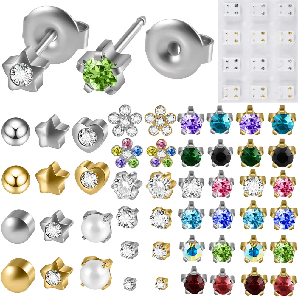 12pairs/Dozen Surgical Steel Gold Plated Ear Stud CZ Heart Star Flower Crown Women Earrings Non-Sterilize