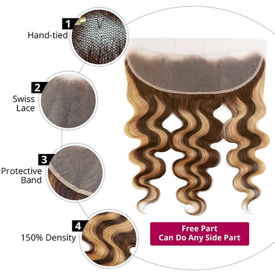 Mèches Body Wave Naturelles Remy avec Dentelle Transparente, 13x4, P4/27, 3/4