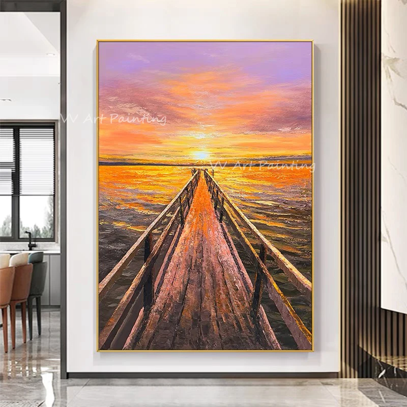 Modern Abstract handmade wooden bridge along the seaside ocean with colorful sky and sunset beautiful scenery oil painting