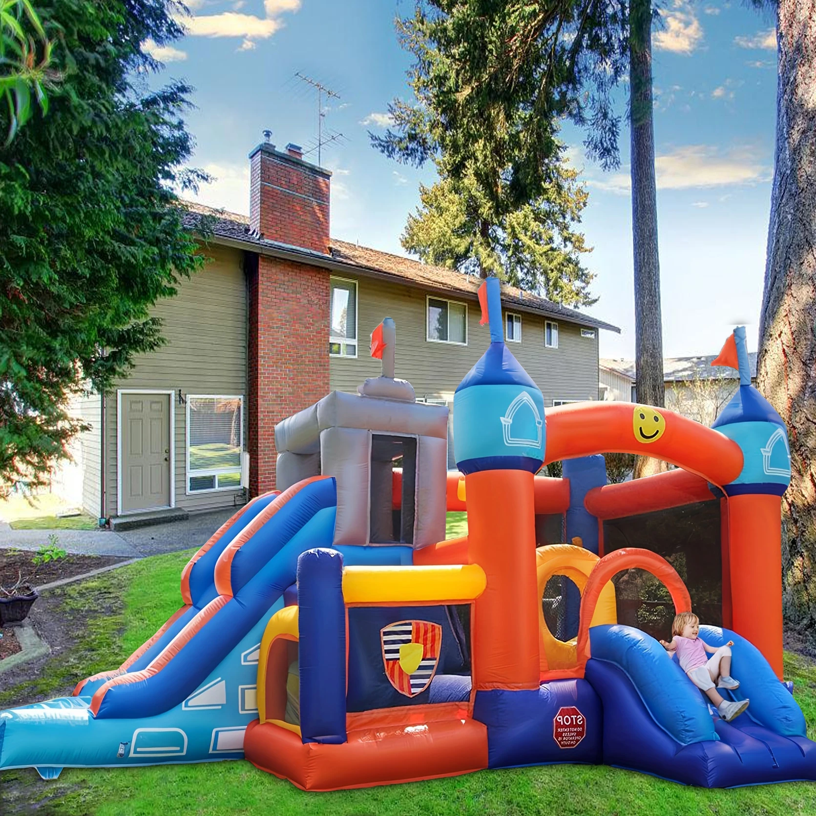 Casa de castillo hinchable para niños, casa de rebote inflable de PVC de 16 pies con 2 diapositivas, túneles, aros de baloncesto para escalar, casa de castillo de pelota