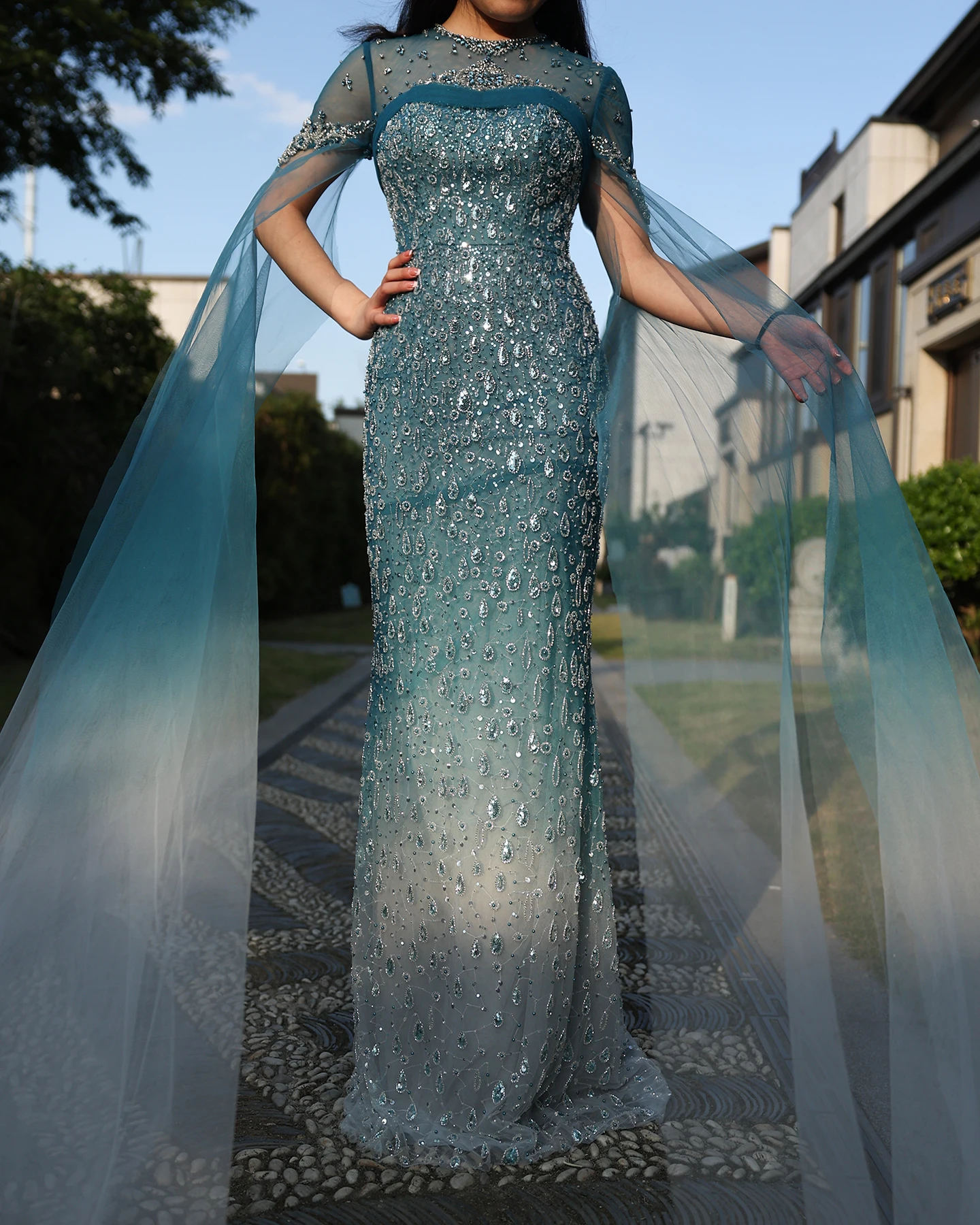

Sharon Said Luxury Turquoise Crystal Mermaid Dubai Evening Dresses Cape Sleeves for Arabic Wedding Party Gowns SS666 Customized