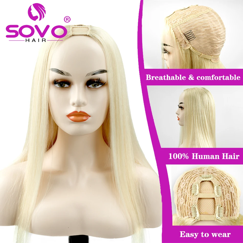 SOVO-Peluca de cabello humano sin pegamento para mujer, postizo de pelo Remy con apertura en forma de U, color rubio ceniza, 180 de densidad, hecho