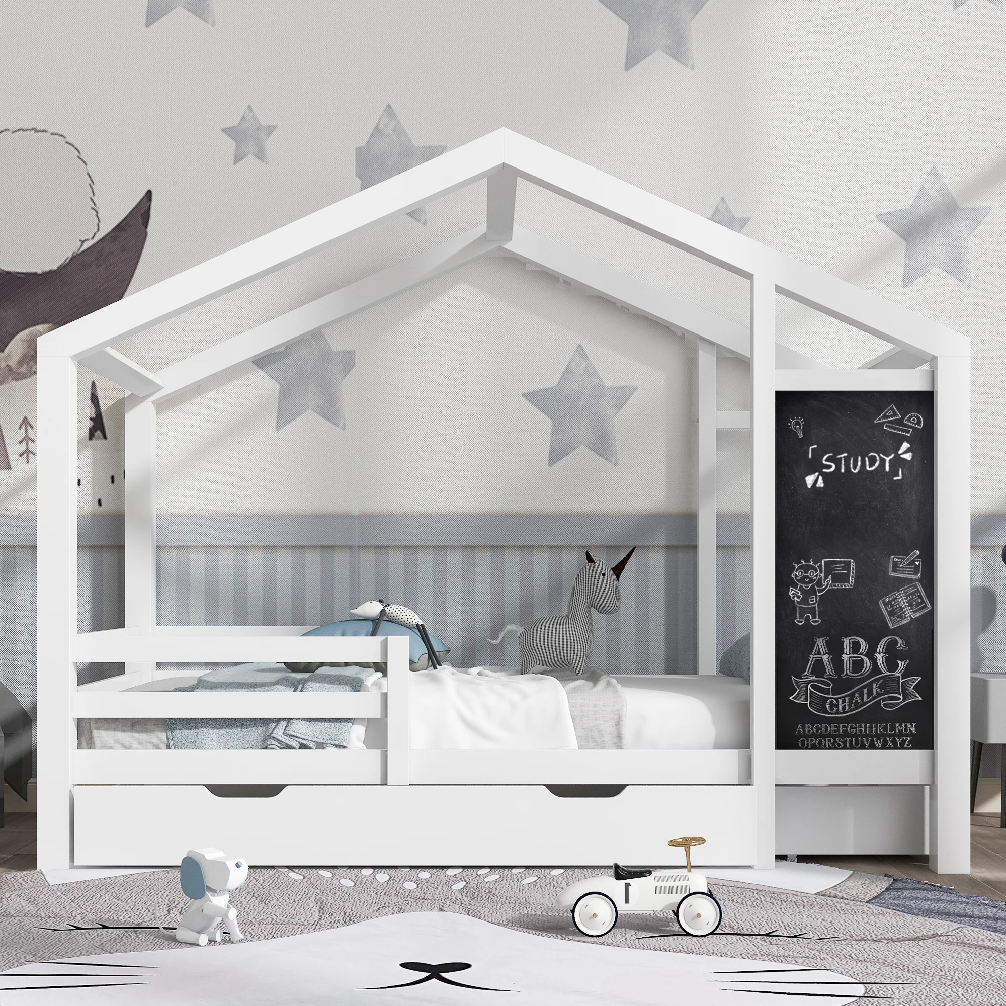 Children's bed house bed 90 x 200 cm, wooden bed with board and 2 drawers, solid wood with fence and slatted frame,