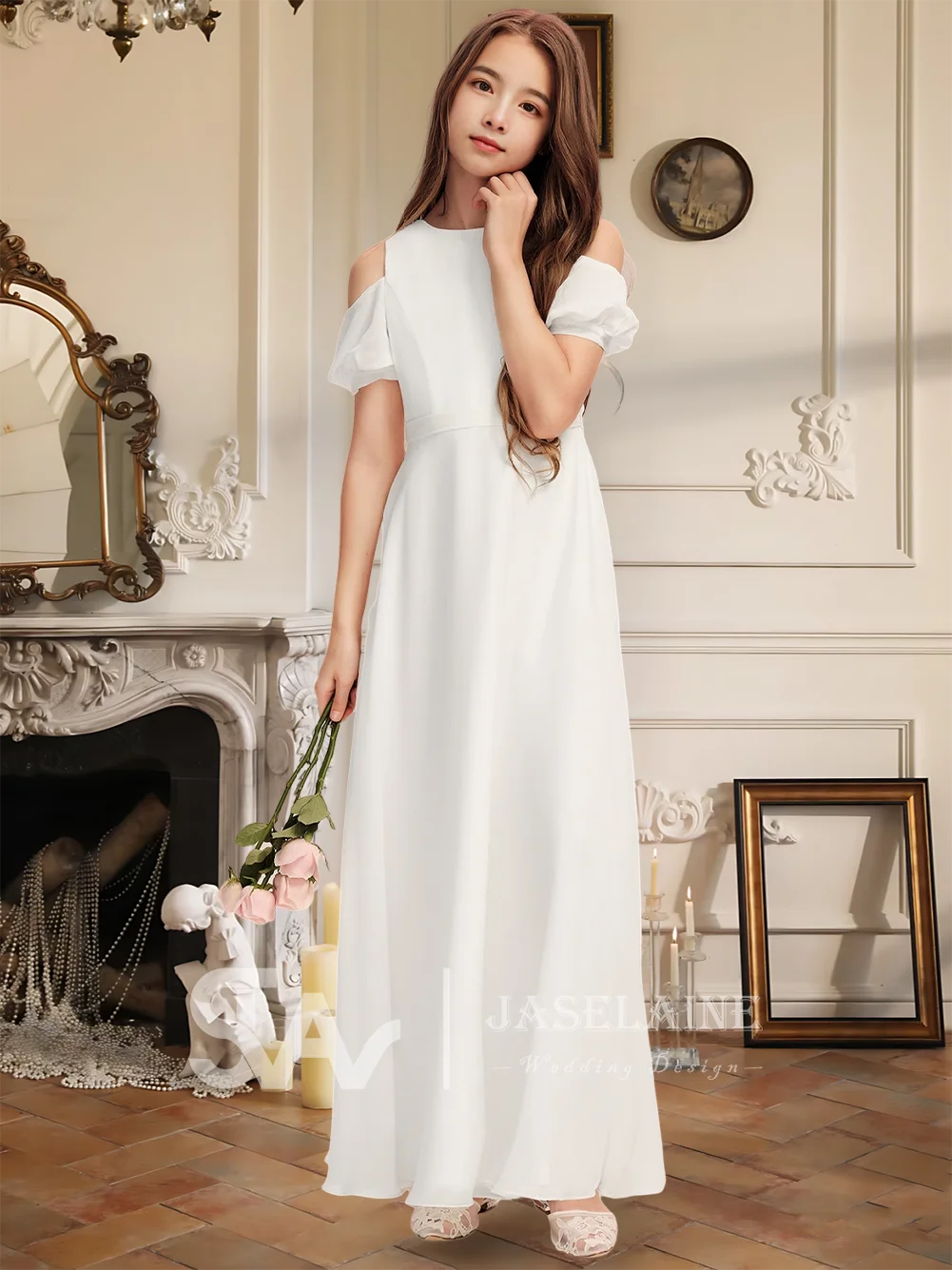 Elegant A-Line Scoop Floor-Length Chiffon Junior Bridesmaid Dress With Bow Flower Girl Dress Girls Wedding Party Formal Special