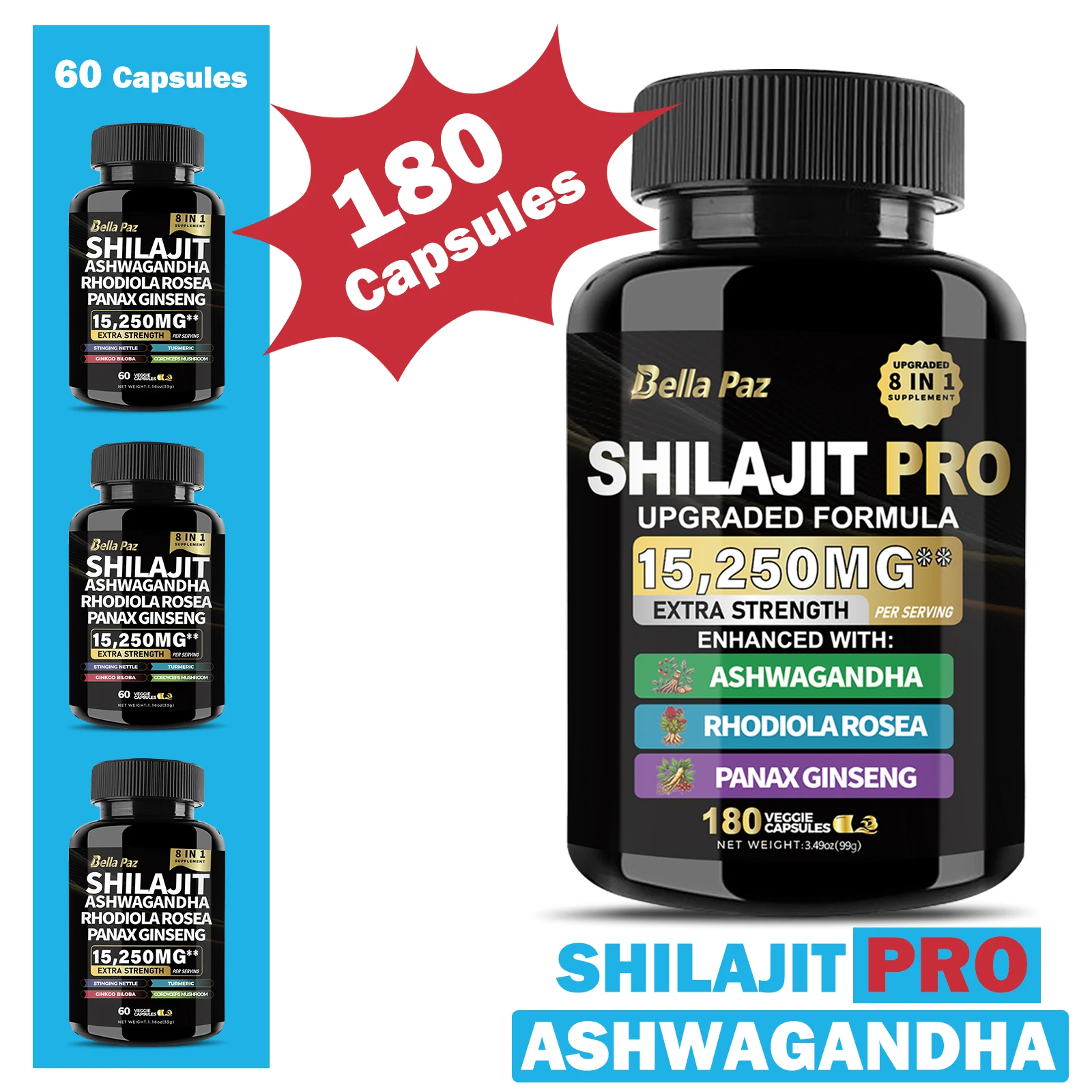 BellaPaz Shilajit Nature's Synergy 8-in-1 Formula: Shilajit, Ashwagandha, Rhodiola & More in One Capsule for Holistic Wellness