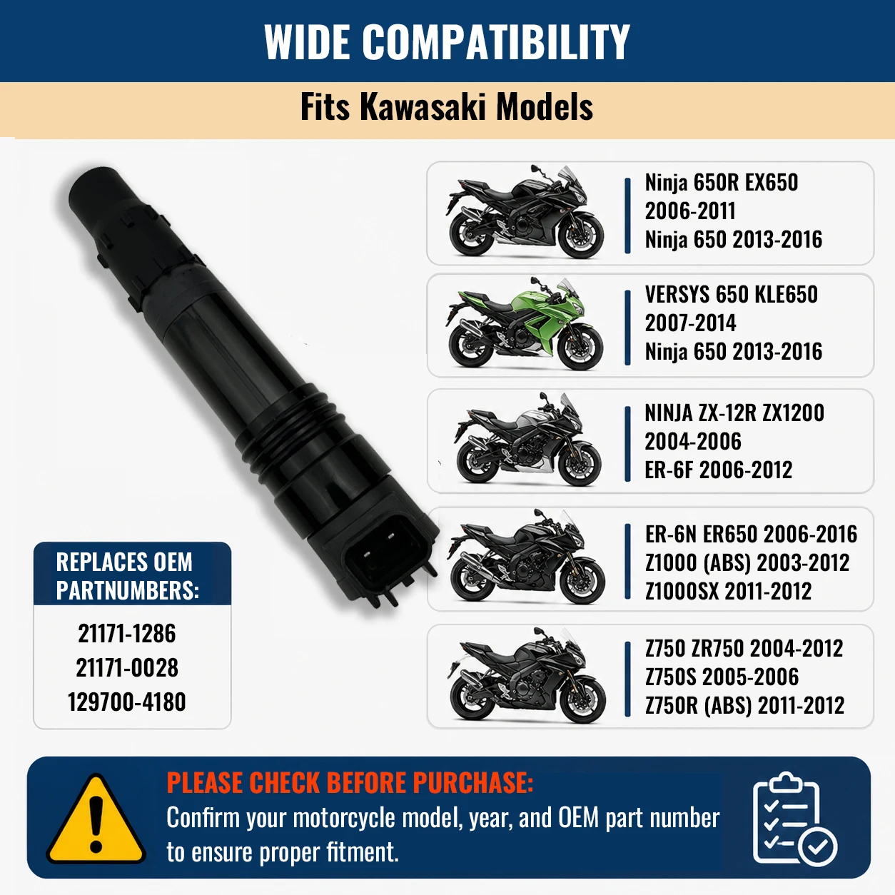 Ignition Stick Coil For Kawasaki Ninja 650 650R EX650 ER-6N ER-6F 2006-2016 Versys 650 Z1000 21171-0028 Motorcycle Ignition Coil
