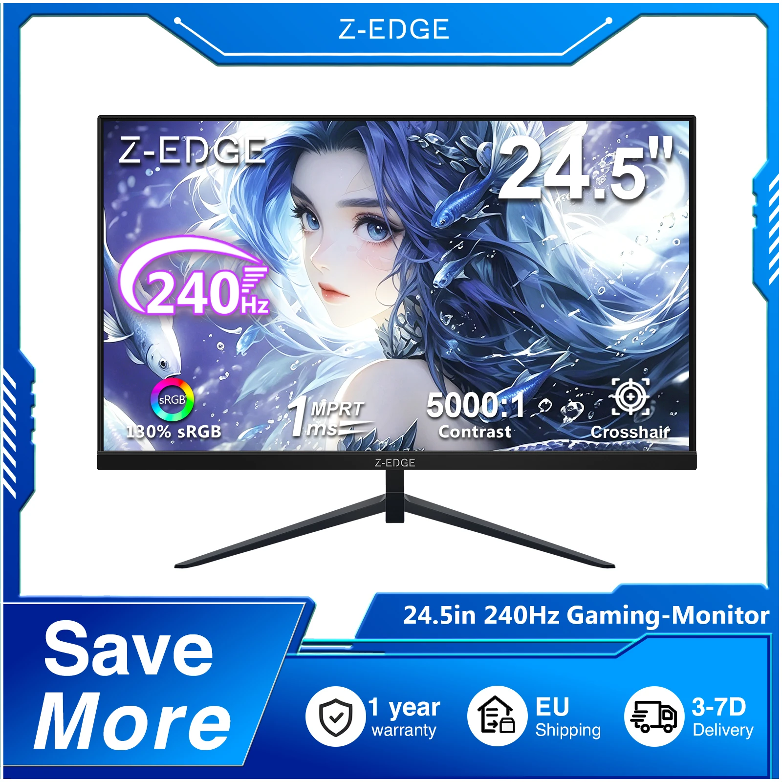 Z-EDGE 24,5-Zoll-Gaming-Monitor, 240 Hz, 1 ms MPRT, 1920 x 1080 Full HD, 16:9 VA-Panel, Kontrastverhältnis 5000:1, FreeSync, HDR, 350 cd/m² Helligkeit, flimmerfrei & Low Blue Light, VESA-kompatibel