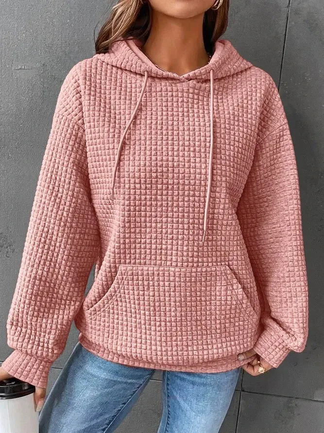 Women's Winter Thick Waffle Knit Solid Color Round Neck Pocket Sweatshirt Hip Length Crinkled Hoodie Women's Hoodies And
