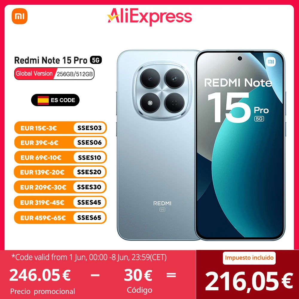 Xiaomi Redmi Note 15 Pro 5G Versión Global 256GB/512GB MTK Dimensity 7400-Ultra Pantalla AMOLED 6,83" 1.5K, 120Hz, 200MP, IP68, NFC, Sin Cargador