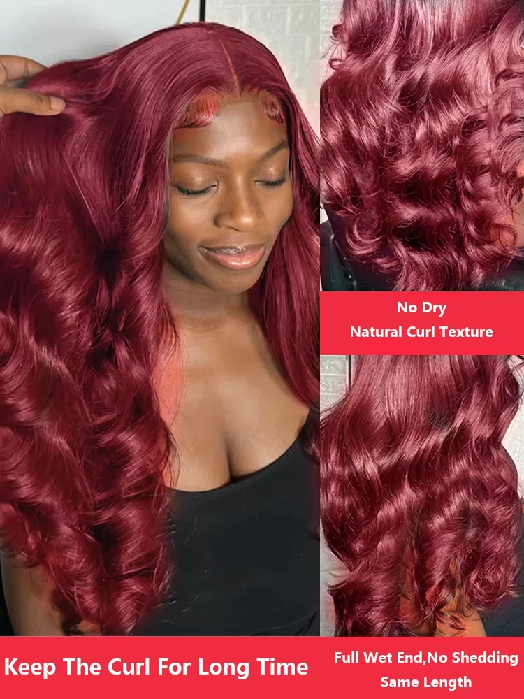 Wig Rambut Asli Burgundy 34 Inci 99J dengan Lace Front, Pre Plucked 13x6 HD Transparan, Model Body Wave